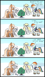 Size: 2243x3879 | Tagged: safe, artist:marbo, imported from derpibooru, derpy hooves, rainbow dash, oc, oc:salmon run, oc:snow shoes, fish, pegasus, pony, /mlp/, balancing, boots, bush, chest fluff, clothes, coat, coat markings, comic, cute, dialogue, ears, female, fish bush, floppy ears, fluffy, image, looking at something, looking back, mare, nervous sweat, open mouth, open smile, pale belly, png, ponies balancing stuff on their nose, shocked, shoes, smiling, snow, socks (coat markings), species swap, sweat, sweatdrop, sweatdrops, twibooru import, worried, yakutian horse