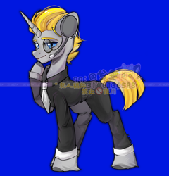 Size: 1380x1440 | Tagged: safe, artist:xi wen, imported from derpibooru, oc, oc only, oc:岺渊, pony, unicorn, blue background, clothes, simple background, solo, suit