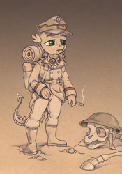 Size: 2759x3949 | Tagged: safe, artist:tass_the_bovine, imported from derpibooru, spike, anthro, dragon, bone, boots, brodie helmet, cigarette, clothes, dead, dieselpunk equestria, helmet, monochrome, sepia, shoes, skeleton, skull, smoke, smoking, soldier, world war i