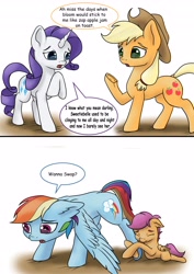 Size: 2892x4096 | Tagged: safe, artist:db, imported from derpibooru, applejack, rainbow dash, rarity, scootaloo, earth pony, pegasus, pony, unicorn, 2 panel comic, backwards cutie mark, comic, cute, cutealoo, floppy ears, hug, leg hug, rainbow dash is not amused, unamused