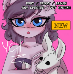 Size: 348x353 | Tagged: safe, artist:cali luminos, imported from derpibooru, anthro, any gender, any species, blushing, breasts, bunny plushie, clothes, commission, cute, doll, dress, female, plushie, solo, toy, your character here