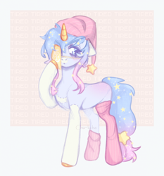 Size: 960x1030 | Tagged: safe, artist:chukcha, imported from derpibooru, oc, oc only, pony, unicorn, clothes, female, floppy ears, gradient mane, hat, horn, mare, nightcap, socks, solo, stars