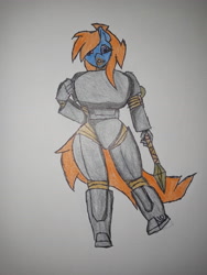 Size: 3120x4160 | Tagged: safe, artist:mental, imported from derpibooru, oc, oc:mental shock, anthro, fallout equestria, alternate universe, armor, furry, power armor, spear, the ass was fat, traditional art, weapon