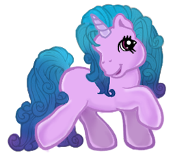 Size: 260x240 | Tagged: safe, artist:vernorexia, edit, imported from derpibooru, vector edit, izzy moonbow, pony, unicorn, blue mane, curly hair, curly mane, g3, g5, g5 to g3, gradient mane, my little pony: a new generation, purple coat, recolor, solo, style emulation, vector