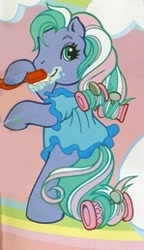 Size: 149x258 | Tagged: safe, imported from derpibooru, razzaroo, earth pony, pony, bipedal, brushing teeth, clothes, cloud, dress, g3, green eyes, green mane, hair curlers, heart, hoof heart, looking at you, nightgown, official, pink mane, purple coat, rainbow, solo, standing, toothbrush
