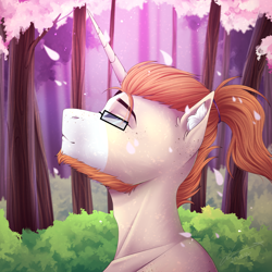 Size: 2500x2500 | Tagged: safe, artist:lunciakkk, imported from derpibooru, oc, oc only, oc:mckeypl, pony, unicorn, bust, cherry blossoms, commission, ear fluff, facial hair, flower, flower blossom, forest, horn, male, ponytail, portrait, solo, stallion