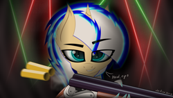 Size: 5120x2880 | Tagged: safe, artist:just rusya, imported from derpibooru, oc, oc:4 bore, unicorn, abstract background, absurd resolution, ammunition, bust, claws, double barreled shotgun, gun, looking at you, portrait, reloading, shotgun, shotgun shell, solo, weapon