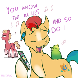 Size: 2048x2048 | Tagged: safe, artist:pfeffaroo, edit, imported from derpibooru, hitch trailblazer, songbird serenade, sprout cloverleaf, bird, earth pony, pony, my little pony: the movie, airpods, butt, cellphone, critter magnet, duo, earbuds, g5, high res, male, never gonna give you up, phone, plot, rick astley, rickroll, singing, smartphone, song reference, stallion