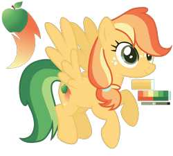 Size: 3000x2700 | Tagged: safe, artist:monochrome-sunsets, imported from derpibooru, oc, oc only, pegasus, pony, female, flying, freckles, full body, hair tie, high res, hooves, magical lesbian spawn, mare, multicolored mane, multicolored tail, offspring, parent:applejack, parent:rainbow dash, parents:appledash, pegasus oc, reference sheet, show accurate, simple background, smiling, solo, spread wings, tail, transparent background, wings