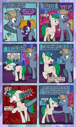 Size: 1920x3169 | Tagged: safe, artist:alexdti, imported from derpibooru, oc, oc only, oc:brainstorm (alexdti), oc:purple creativity, oc:star logic, pegasus, pony, unicorn, comic:quest for friendship, abuse, angry, comic, dialogue, ears back, eye contact, female, folded wings, frown, glasses, grin, high res, hooves, hooves behind head, horn, looking at each other, looking at someone, looking back, male, mare, motion lines, nervous, nervous grin, onomatopoeia, open mouth, open smile, pegasus oc, ponytail, raised hoof, raised leg, shadow, shrunken pupils, smiling, speech bubble, stallion, standing, tail, twilight's castle, two toned mane, two toned tail, underhoof, unicorn oc, walking, wall of tags, wings, yelling