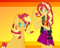 Size: 2084x1660 | Tagged: safe, artist:pinkiemenas, imported from derpibooru, sunset shimmer, pony, unicorn, equestria girls, chest fluff, ear fluff, looking at you, ms paint, peace sign