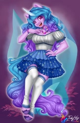Size: 990x1530 | Tagged: safe, artist:inkkeystudios, imported from derpibooru, izzy moonbow, anthro, unguligrade anthro, unicorn, adorasexy, bare shoulders, blouse, bracelet, breasts, busty izzy moonbow, cleavage, clothes, cute, dress, eyelashes, female, g5, gradient mane, happy, hoofless socks, izzybetes, jewelry, large voluminous hair, leg warmers, long nails, nail polish, necklace, open mouth, open smile, pleated skirt, sexy, skindentation, skirt, smiling, socks, solo, thigh highs, unshorn fetlocks, zettai ryouiki