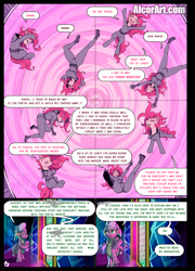 Size: 1275x1775 | Tagged: safe, artist:alcor, imported from derpibooru, pinkie pie, spike, dragon, earth pony, pony, comic:double trouble (alcor), equestria girls, ass, breasts, busty pinkie pie, butt, catsuit, comic, duality, human ponidox, portal, self paradox, self ponidox
