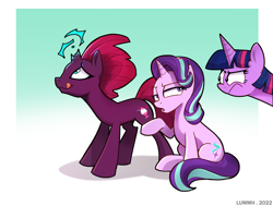 Size: 3821x2894 | Tagged: safe, artist:lummh, imported from derpibooru, fizzlepop berrytwist, starlight glimmer, tempest shadow, twilight sparkle, alicorn, pony, unicorn, broken horn, female, frown, glare, high res, horn, mare, meme, signature, sitting, smiling, sparking horn, special eyes, tongue out, trio, twilight sparkle (alicorn)