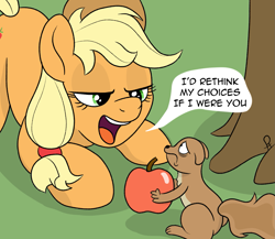 Size: 1669x1451 | Tagged: safe, artist:doodledonutart, imported from derpibooru, applejack, earth pony, pony, squirrel, apple, comic, food