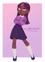 Size: 2368x3247 | Tagged: safe, artist:holidaye, imported from derpibooru, twilight sparkle, human, argyle, clothes, dark skin, female, glasses, headband, humanized, shoes, skirt, socks, solo, sweater