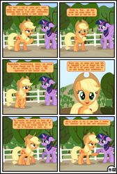 Size: 1600x2379 | Tagged: safe, artist:gutovi, imported from derpibooru, applejack, twilight sparkle, alicorn, earth pony, pegasus, pony, unicorn, comic:why me!?, alternate ending, blushing, comic, female, hat, lesbian, shipping, show accurate, sweet apple acres, twijack, twilight sparkle (alicorn)