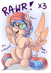 Size: 2894x4093 | Tagged: safe, artist:julunis14, imported from derpibooru, oc, oc only, oc:dracey, pegasus, pony, braid, chest fluff, cute, ear fluff, glasses, rawr, single fang, solo, two toned mane