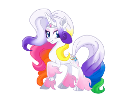 Size: 2524x2026 | Tagged: safe, artist:vernorexia, artist:whiteplumage233, imported from derpibooru, rarity, rarity (g3), pony, unicorn, base used, coat markings, curly hair, curly tail, digital art, eyeshadow, fusion, g3, g4, g5, g5 concept leaks, gradient hooves, gradient mane, jewelry, long mane, makeup, multicolored hair, multicolored mane, princess rarity, rainbow, rainbow hair, raised hoof, rarity (g5 concept leak), redesign, simple background, socks (coat markings), solo, spots, tail, tiara, transparent background, unshorn fetlocks