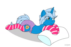 Size: 1280x845 | Tagged: safe, artist:lynnthenerdkitty, imported from derpibooru, oc, oc only, unicorn, clothes, diaper, diaper fetish, fetish, horn, non-baby in diaper, pillow, simple background, socks, solo, unicorn oc, white background