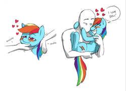 Size: 720x524 | Tagged: safe, artist:mickeymonster, edit, imported from derpibooru, rainbow dash, oc, oc:anon, human, pony, blushing, chin scratch, cute, dashabetes, heart, hug, human on pony petting, petting, simple background, size difference, smiling, white background