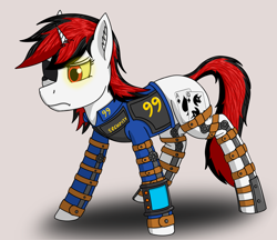 Size: 2472x2139 | Tagged: safe, artist:enteryourponyname, imported from derpibooru, oc, oc only, oc:blackjack, cyborg, pony, unicorn, fallout equestria, fallout equestria: project horizons, ace of spades, angry, armor, clothes, ear fluff, eyepatch, female, glowing, glowing eyes, horn, leg brace, mare, pipbuck, playing card, simple background, small horn, solo, unicorn oc