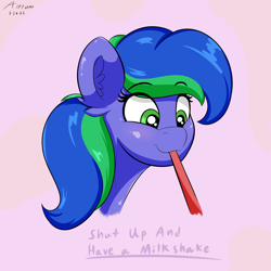 Size: 2700x2700 | Tagged: safe, artist:astrum, imported from derpibooru, oc, oc only, oc:felicity stars, pegasus, pony, cute, digital art, drinking, drinking straw, happy, head only, looking down, smiling, solo, straw, text
