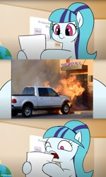 Size: 500x835 | Tagged: safe, artist:doublewbrothers, edit, imported from derpibooru, sonata dusk, earth pony, pony, equestria girls ponified, exploitable meme, fire, meme, ponified, solo, taco bell, truck