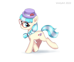 Size: 3150x2616 | Tagged: safe, artist:vinilyart, imported from derpibooru, coco pommel, earth pony, pony, braid, cocobetes, cute, eyelashes, female, glasses, hat, high res, looking at you, mare, older, shadow, simple background, smiling, smiling at you, solo, tail, trotting, white background