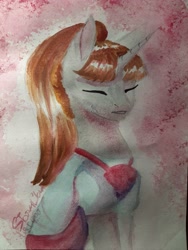 Size: 3024x4032 | Tagged: safe, artist:stormcloud-yt, imported from derpibooru, oc, oc only, pony, unicorn, bust, eyes closed, female, horn, mare, solo, traditional art, unicorn oc