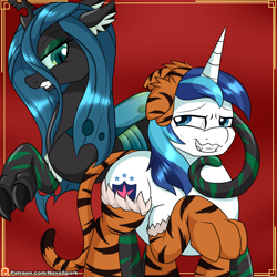 Size: 2000x2000 | Tagged: safe, artist:novaspark, imported from derpibooru, part of a set, queen chrysalis, shining armor, changeling, changeling queen, pony, unicorn, chinese new year, clothes, costume, duo, duo male and female, female, high res, infidelity, infidelity armor, lunar new year, male, nervous, paw socks, paws, shining chrysalis, shipping, socks, stallion, stockings, straight, striped socks, thigh highs, year of the tiger