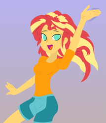 Size: 4061x4733 | Tagged: safe, artist:egor418, imported from derpibooru, sunset shimmer, equestria girls, absurd resolution, clothes, female, gradient background, lineless, looking at you, open mouth, open smile, shorts, smiling, smiling at you, solo, waving, waving at you