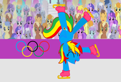 Size: 1184x802 | Tagged: safe, artist:richardinya, artist:shield-wing1996, imported from derpibooru, amethyst star, blues, bon bon, bright smile, caramel, carrot top, castle (crystal pony), cherry berry, elbow grease, golden harvest, goldengrape, meadow song, noteworthy, royal riff, sapphire joy, sea swirl, seafoam, sir colton vines iii, sparkler, sweetie drops, twinkleshine, oc, oc:royal strength, alicorn, crystal pony, earth pony, unicorn, amazed, base used, beijing, beijing 2022, eyes closed, figure skating, ice skates, ice skating, olympic games, olympic rings, olympic winter games, olympics, paradise (g4), winter olympic games, winter olympics