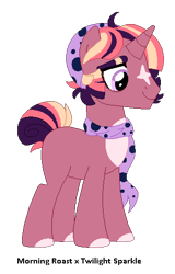 Size: 318x498 | Tagged: safe, artist:tragedy-kaz, imported from derpibooru, oc, oc only, pony, unicorn, base used, clothes, colored hooves, eyelashes, horn, makeup, male, offspring, parent:morning roast, parent:twilight sparkle, scarf, simple background, smiling, solo, stallion, transparent background, unicorn oc