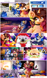 Size: 2840x4680 | Tagged: safe, artist:woonborg, imported from derpibooru, oc, oc only, oc:bluecode, oc:woonie, pegasus, pony, unicorn, airport, beach, burger, christmas, clothes, comic, cookie, crash bandicoot (series), fireworks, flower, flower in hair, food, gift art, hat, holiday, kissing, mcdonald's, present, santa hat, socks, television