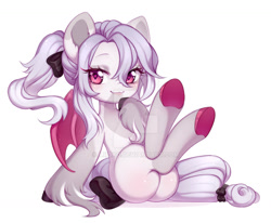 Size: 1024x844 | Tagged: safe, artist:miioko, imported from derpibooru, oc, oc only, bat pony, pony, 2021, bat pony oc, bat wings, bow, butt blush, commission, deviantart watermark, eyelashes, female, hair bow, mare, obtrusive watermark, sitting, solo, tail, tail bow, underhoof, watermark, wings, ych result