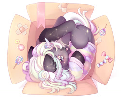 Size: 1024x832 | Tagged: safe, artist:miioko, imported from derpibooru, oc, oc only, pony, unicorn, :p, box, candy, cardboard box, clothes, commission, deviantart watermark, female, food, horn, horn ring, mare, obtrusive watermark, pony in a box, ring, solo, starry eyes, tongue out, unicorn oc, watermark, wingding eyes, ych result