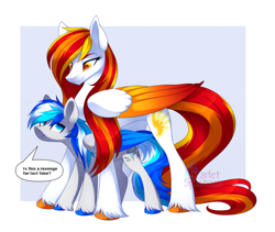 Size: 1216x1024 | Tagged: safe, artist:scarlet-spectrum, imported from derpibooru, oc, oc only, oc:diamond sun, oc:hawker hurricane, pegasus, pony, colored wings, colored wingtips, commission, female, hawkmond, height difference, larger female, looking at each other, looking at someone, male, mare, simple background, size difference, slim, smiling, smiling at each other, speech bubble, stallion, unshorn fetlocks, watermark, wings