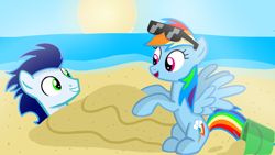 Size: 1280x720 | Tagged: safe, artist:mlplary6, imported from derpibooru, rainbow dash, soarin', pegasus, pony, beach, buried, female, male, mare, ocean, sand, shipping, smiling, soarindash, stallion, straight, sun, sunglasses, water