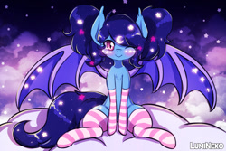 Size: 1125x750 | Tagged: safe, artist:lumineko, imported from derpibooru, oc, oc only, oc:eclipsia, bat pony, bat pony oc, clothes, cute, daaaaaaaaaaaw, ethereal mane, looking at you, night, night sky, one eye closed, sky, socks, solo, spread wings, striped socks, wings, wink, winking at you