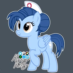 Size: 1540x1540 | Tagged: safe, artist:mommymidday, imported from derpibooru, oc, oc:nurse drizzleheart, pegasus, pony, folded wings, hair bun, hat, nurse, nurse hat, nurse oc, raised hoof, show accurate, signature, simple background, solo, wings