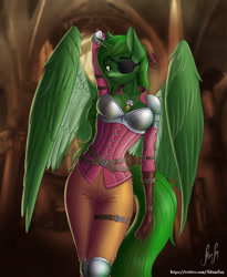 Size: 2800x3422 | Tagged: safe, artist:altumsan, imported from derpibooru, oc, oc:the emissary, alicorn, anthro, fallout equestria, armor, artificial alicorn, dog tags, eyepatch, female, green alicorn (fo:e), jewelry, multiple variants, solo, unconvincing armor, wings