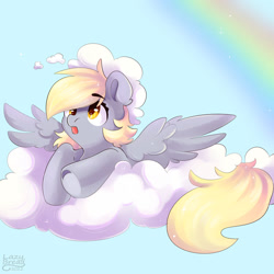 Size: 1280x1280 | Tagged: safe, artist:lazybread, imported from derpibooru, derpy hooves, pegasus, pony, cloud, cute, derpabetes, female, mare, on a cloud, rainbow, sky, solo