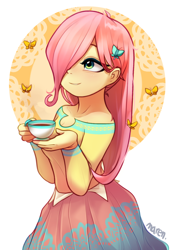 Size: 1444x2060 | Tagged: safe, artist:maren, imported from derpibooru, fluttershy, equestria girls, blushing, breasts, cup, cute, female, hair over one eye, shyabetes, solo, teacup