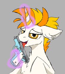 Size: 2056x2344 | Tagged: safe, artist:reddthebat, imported from derpibooru, oc, oc only, oc:covfefe cream, pony, unicorn, 1911, chest fluff, ear fluff, eyebrows, eyelashes, floppy ears, glowing, glowing horn, gray background, gun, handgun, horn, levitation, licking, looking at you, magic, male, micro bel air, no trigger discipline, open mouth, open smile, pistol, simple background, smiling, solo, stallion, telekinesis, tongue out, weapon