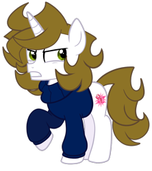 Size: 900x1013 | Tagged: safe, artist:saveraedae, imported from derpibooru, oc, oc only, pony, unicorn, angry, clothes, colt, foal, looking offscreen, male, ponified, raised hoof, show accurate, solo, sweater, teenager, the mark side