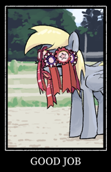 Size: 400x623 | Tagged: safe, artist:plunger, derpy hooves, pegasus, pony, caption, drawthread, female, fence, good job, mare, medal, ponified, solo, standing, text, tree
