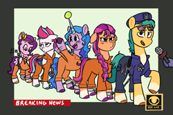 Size: 1280x853 | Tagged: safe, artist:scribblespark, imported from derpibooru, hitch trailblazer, izzy moonbow, pipp petals, sunny starscout, zipp storm, bound together, clothes, cuffed, g5, jumpsuit, phone, police uniform, prison outfit, prisoner, shackles, varying degrees of want