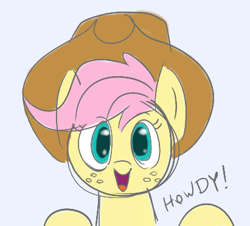 Size: 411x371 | Tagged: safe, li'l cheese, pony, the last problem, aggie.io, hat, looking at you, open mouth, simple background, smiling, talking