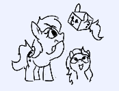 Size: 174x133 | Tagged: safe, artist:firecracker, derpy hooves, oc, oc:filly anon, earth pony, pony, aggie.io, female, filly, looking up, lowres, mare, monochrome, open mouth, raised hoof, simple background, smiling